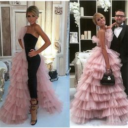 2019 New Fashion Jumpsuits Prom Dresses With Overskirt One Side Layered Tulle Skirt Celebrity Evening Gowns Women Formal Wear Part2726