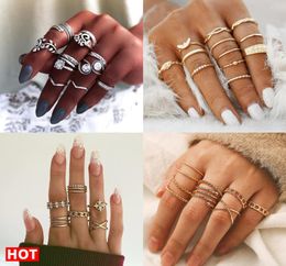 17KM Bohemian Gold Vintage Rings Star Moon Beads Crystal Ring Set Women Charm Joint Ring Party Wedding Fashion Jewellery Gifts6435142