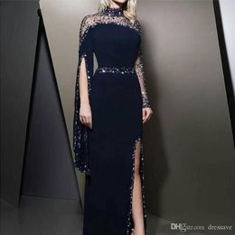 2020 Vintage High Neck Navy Blue Evening Dresses kaftan Dubai Beaded Long Sleeve Party Gowns Modest robe de soiree Split Prom Dres276R