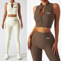 Women's Two Piece Pants Custom LOGO Breathable Women Zipper Tank Top High Waist Leggings Set Nylon Workout Yoga For Sports Gym Fitness