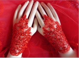 New Arrival Cheap In Stock Lace Appliques Beads Fingerless Wrist Length With Ribbon Bridal Gloves Wedding Accessories7062146