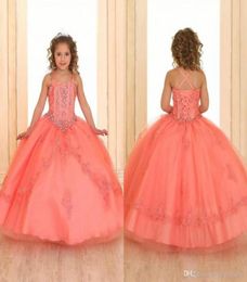 Coral Crystals Beaded Girls Pageant Dresses 2020 Sleeveless Lace Organza Flower Girl Dresses Corset Back Pageant Gowns For Teens9449223