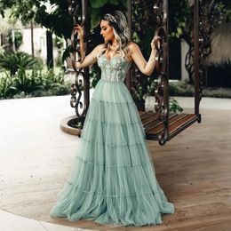 Fabulous Sage Floral Appliqued Prom Dresses Sweetheart Neck Sleeveless Pleated Evening Gowns A Line Floor Length Tulle Formal Dress