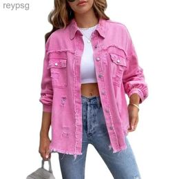 Women's Leather Faux Leather 2023 Holes Raw-edges Denim Jacket Women Spring Autumn Shirt Style Jeancoat Casual Top Rose-Red Orange Purple Outerwear Lady Coat YQ240116