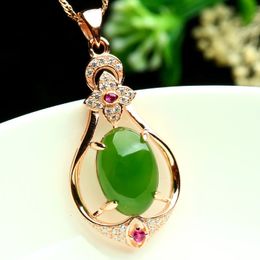 Real 18K Rose Gold Jade Necklace Pendant for Women Brincos 18k Gold Jewelry Bijoux Femme Jade Bizuteria Chain Naszyjnik Necklace 240117