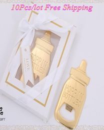 10 Pieceslot baby souvenirs of Baby bottle shaped bottle opener for birthday gift and gold themed the baby shower favors5240858