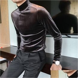 Men'S T-Shirts Mens T Shirts 2023 Autumn Long Sleeve Men Fashion Clothes Veet Stretched Turtleneck Slim Fit All Match Solid T-Shirts D Dhydw