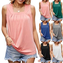 Women's Tanks Women Solid Color Pleated Square Neck Loose T-shirt