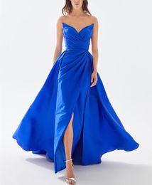 Elegant Long Royal Blue Taffeta Prom Dresses Sheath V-Neck Pleated Floor Length Party Dress Maxi Formal Evening Dresses for Women