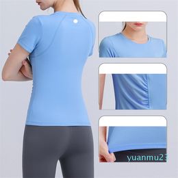 Womens lu Yoga T-shirt Summer Top Womens Round Collar Short Sleeve Elastic Breathable Sports Fitness Solid Colour