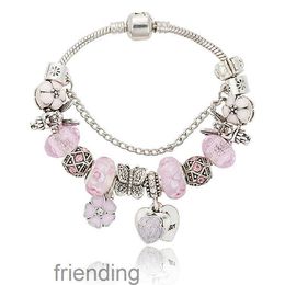 Pink Sakura Love Heart Pendant Charms Bracelet for 925 Silver 3mm Snake Chain Charm Bracelets Women with Original 2FL5 II3G