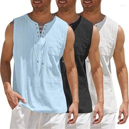 Men's Tank Tops Cotton Linen Top Men V-Neck Sleeveless Shirts Summer Streetwear Shirt Gym Fitness Vest With Adjustable Drawstring