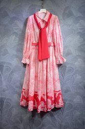 2024 Spring Floral Print Belted Buttons Dress Red Long Sleeve Lapel Neck Long Maxi Casual Dresses A3J121438