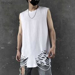 Women's Leather Faux Leather Men summer ripped hole vintage punk tank top street hip hop vest man oversized long tank tops sleeveless shirt YQ240116