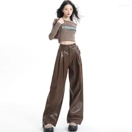 Women's Pants Design Sense Of Wide-leg Leather Women Autumn High-waisted Ladies Casual Loose Drape Drag Female