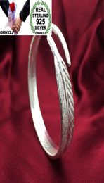 OMHXZJ Whole Personality Bangles Fashion OL Woman Girl Party Gift Silver Open Leaf 925 Sterling Silver Cuff Bangle Bracelet BR6900938