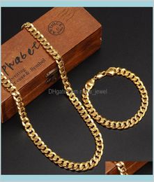 Classics Fashionable Real 24K Yellow Gold Gf Mens Woman Necklace Bracelet Jewelry Sets Solid Curb Chain Abrasion Resistant Drop De6910272