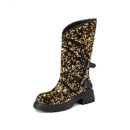 European and American Sequin Fabric Thick High Heel Belt Buckle Knight Boots Women's Fashion Sleeve Western Boots 240116