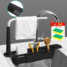 Kitchen Sink Organiser Telescopic Shelf Drainer Rack Storage Basket Soap Sponge Towel Adjustable Tool 240116