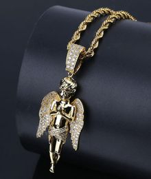 Hip Hop Angel Wings Necklace Gold Silver Color Plated Iced Out Micro Pave CZ Stone Pendant Necklaces with Rope Chain1981312