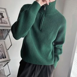 Knitted Sweaters for Men Zipper Plain Man Clothes Pullovers Green Zipup Solid Color Collared Tops Overfit Jumpers S A Fun Ugly 240116