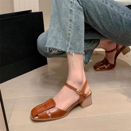 Dress Shoes 2024 Retro Genuine Leather Women Sandals Hand-made Crude Heel High Quality Buckle Strap Comfy Casual Zapato De Mujer