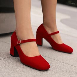 Dress Shoes PXELENA Vintage Women Mary Janes Faux Suede Square Toe High Heels Shallow Pumps 2024 Spring Fall Black Red Office Lady 43