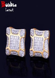 IcedOut Men Earring Square Stud Double Colour Material Full Zircon Copper Screw Push Back Charm Hip Hop Jewellery Rock Street43152932731022