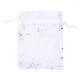 Jewelry Pouches 100 PCS Organza Wedding Gift Bags Drawstring Pouch Silver White Snowflakes Printed Sheer Party Favor