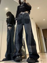 High Street Color Contrast Panel Straight Jeans Vintage Loose high waisted jeans Oversized Casual Girl Wide Leg Pants 240116