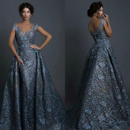 Zuhair Murad 2019 Mermaid Prom Dresses With Detachable Skirt Full Lace Applique Cap Sleeves Evening Gown Sheer V Neck Formal Dress200g