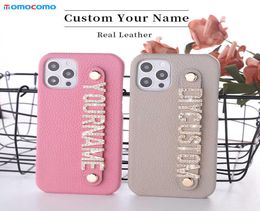 Cell Phone Cases Custom Name Real Cowhide Leather Case For i 11 12 13 Pro Mini Max 14 14ProMax 14PRO Diamond Metal Letters Cover C7004693