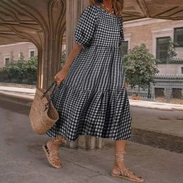 Plaid Floral Plus Size Long Dress for Women 2023 Summer Dresses Casual Short Sleeved Loose Skirt Vestido Oversized Female Clothi 240116