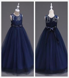 Cute Navy Blue Tulle A Line Sash Long Flower Girls039 Dresses Crew Neck Sleeveless Lace Top Birthday Party Little Girl Dresses 4592393