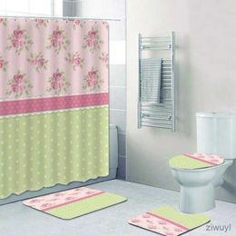 Shower Curtains Stripes and Pink Roses Lace Shower Curtain Set Bathroom Curtains Shower Set Retro Chic Beige Pastel Floral Bath Curtain Mat Rugs