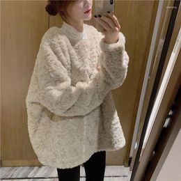 Women's Hoodies WDMSNA Sweet Cute Women Korean Imitation Lamb Wool Round Neck Woman Sweatshirts Thickened Casual Warm For