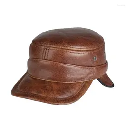 Berets Leather Hat Men's Women's Winter Autumn Flat Top Leisure Visor Cap Youth Middle-aged Male Korean Version Cowhide Warm Hats H6990