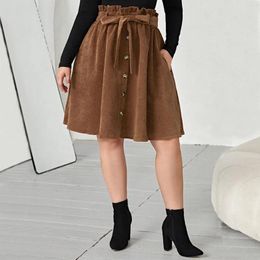 Skirts Europe And The United States Plus-size Women's A-line Umbrella Skirt Retro Thin High Waist Casual Lace-up Corduroy