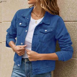 Women's Leather Faux Leather 2023 Women's Solid Colour Denim Jacket Casual Turn-down Collar Long Sleeve Button Down Chest Pocket Jean Jacket Autumn Streetwear YQ240116