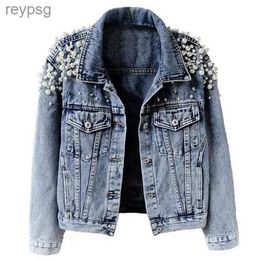 Women's Leather Faux Leather Pearl Denim Coat Women Cotton Spring Autumn Ropa Cardigan Jeans Punk Gothic Bomber Jacket Windbreaker Y2k Women Jackets Korean YQ240116