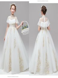 2021 First Holy Communion Dresses High Neck Ivory Tulle Gold Embroidered Boho Short Sleeves Flower Gilr Dress For Wedding Toddler 7730574