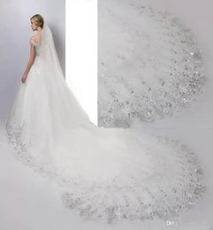 Luxury 4 Meters Long Bridal Veils Lace Sequins with Comb Applique Edge Wedding Veils Cheap Bridal Accessories CPA887 B05237683119