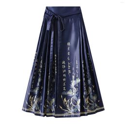 Skirts Spring And Autumn Half Skirt Hanfu Clothing National Style Horse Face Pleated Midi With Pockets