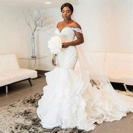 South African vestido de noiva Mermaid Wedding Dresses off the shoulder Vintage Cascading Ruffles Organza beaded Crystal Bridal Go2571