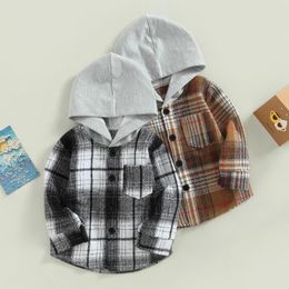Jackets 1-4Years Toddler Baby Hooded Plaid Shirt Casual Long Sleeve Button Down Fall Jacket Outwear