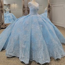 Sky Blue Quinceanera Dresses Lace Appliques Beads Princess Girl Birthday Party Gowns Sweet vestidos de 15 Princess Ball Dress
