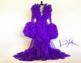 Imperial Grape Ruffled Nylon Chiffon Dressing Gown Ruffled Skirt Collar Long Sleeves Women NightGowns Sexy Robes8703521
