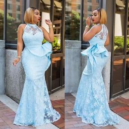 2022 Light Blue Mermaid Prom Dresses Sleeveless Lace Applique Ruffles Floor Length Evening Party Gowns Plus Size Custom Made Forma237W