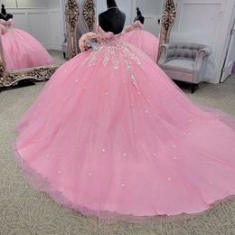 Gorgeous Pink Quinceanera Dresses for 15 Year 2024 Ball Gown Sexy Off the Shoulder Applique Lace Beads Long Party Dress for Girl