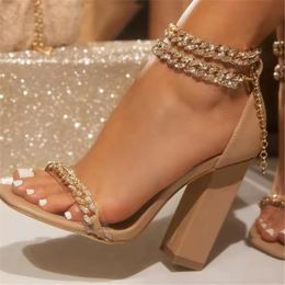 Maogu Fashion Golden Sexy Sandals Ankle Strap Short and Fat High Heels Women's Peep Toe Pump Summer Women's Sandals Chain High Heels 240117